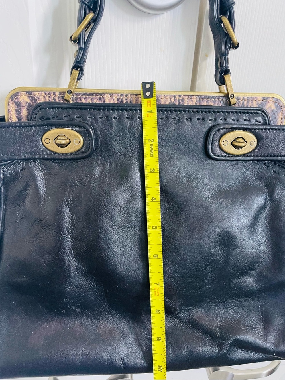 Talbots BTG Black Leather Double Turnlock Satchel Snake Trim
